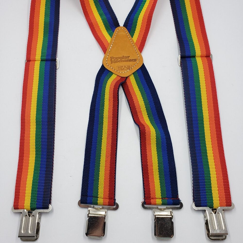 Vintage Popular Mechanics Rainbow Suspenders USA Pride Striped Adjustable Retro